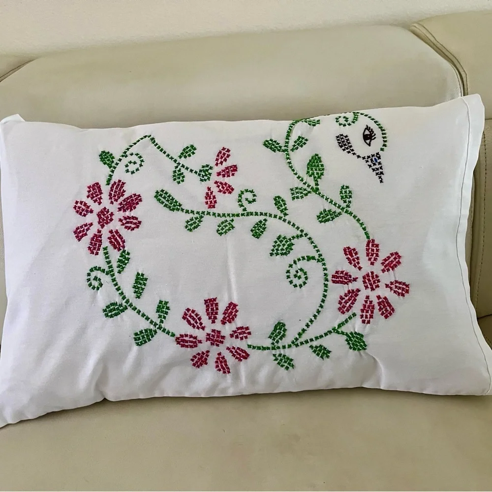 Embroidered Floral White Pillow 17/25 inches